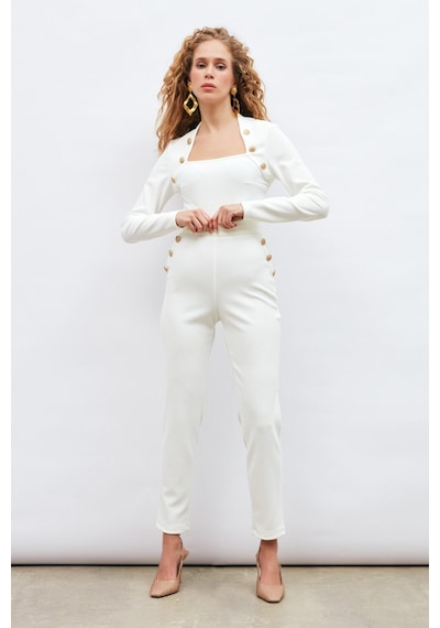 Sateen Düğme Detaylı Pantolon - Ekru