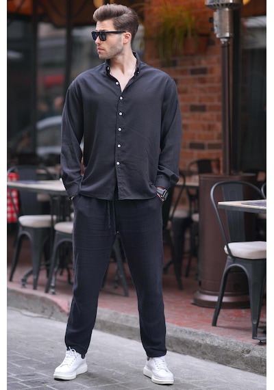 Madmext Siyah Uzun Kollu Oversize Erkek Gömlek 6735 Siyah
