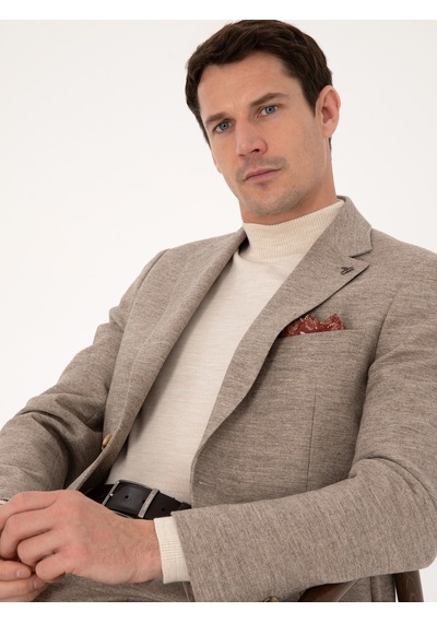 Cacharel Bej Slim Fit Yün Kaşmir Karışımlı Mikro Desenli Ceket
