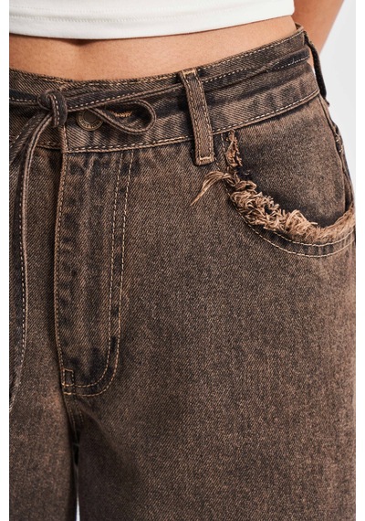 Itsbasic Kadın Koyu Tint Renk 21w5-81 Palazzo Fit Cep Yıpratmalı Kemer Detaylı %100 Koton Denim Jean Koyutint