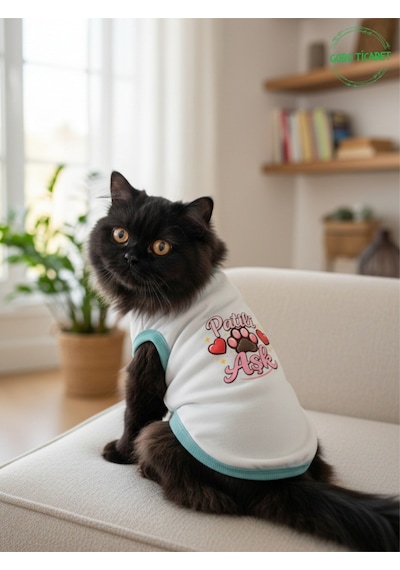 Beyaz Renkli Patili Aşk Baskılı Kedi Ve Köpek Kıyafeti Tişörtü Elbisesi Large/l/beden 3