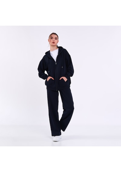 Mmetalic Kadın Lacivert Normal Kalıp Basic Beli Lastikli Kapüşonlu Oversize Mevsimlik Alt Üst Eşofman Takımı
