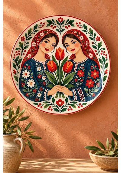 Dekoratif Duvar Tabağı Laleli Halk Masalı Dekorlu Seramik Tabak Gri