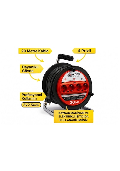 Kablo 20 Metre 3x2,5mm Makaralı Uzatma Kablosu Tam Kesit Kaynak Makinası Kullanıma Uygundur 20 M