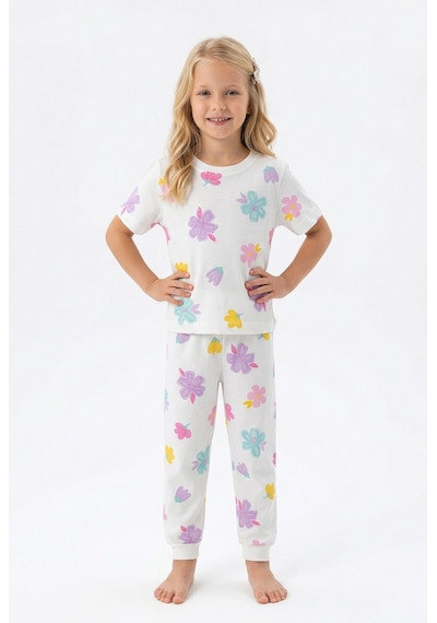 Bunny Hopp Renkli Çiçek Desenli Kısa Kollu Kız Çocuk Pijama Takımı - %100 Pamuklu Beyaz Takım