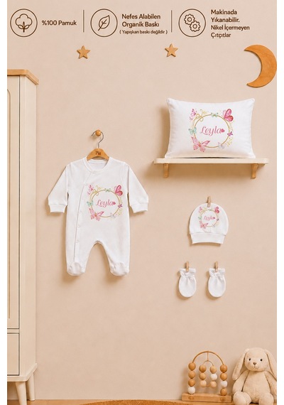 Pia Baby İsme Özel %100 Pamuk Kız Bebek Yastık Battaniyeli Tulum Set Kese Hediyeli 1077tybkyx Krem