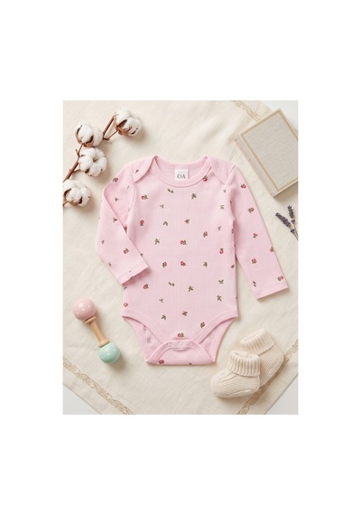 Deniva Kids Kız Bebek Pembe Çiçek Desenli Kaşkorse Uzun Kollu Çıtçıtlı Badi Zıbın