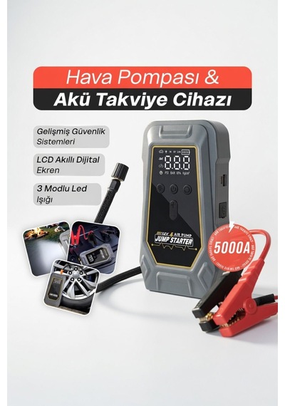 Akü 12.000 Mah Şarjlı Taşınabilir Takviye Cihazı Lastik Hava Kompresörü Powerbanklı Işıklı Çantalı