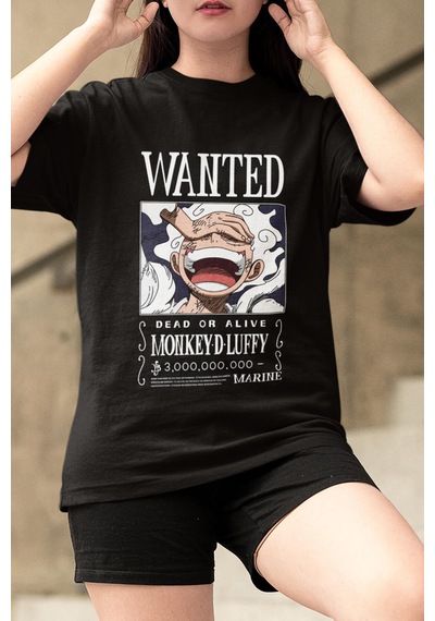 Anime One Piece Luffy Gear 5 Wanted Tişört Siyah