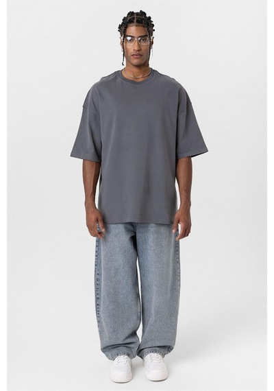 Vamos Basic Oversize Bisiklet Yaka Tişört Füme