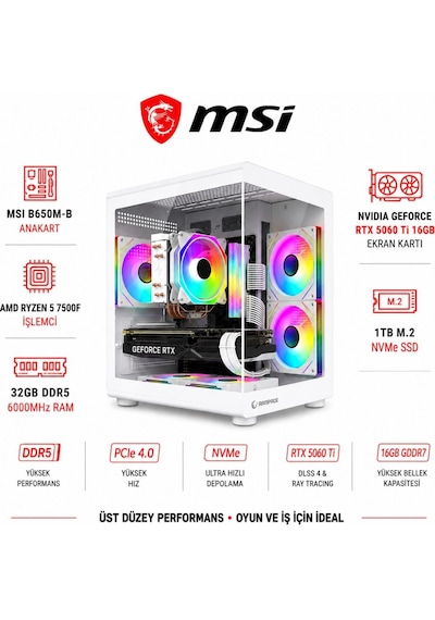 Apphirex CODE X66 R5-7500F 32 GB 1 TB M.2 SSD 16 GB RTX5060Ti W11P Masaüstü Oyuncu Bilgisayarı Beyaz