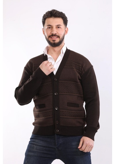 Kzctekstil Erkek Baba Triko Örgü Çift Cepli Akrilik Klasik Fit Düğmeli Hırka Kahverengi