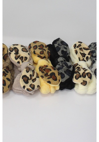 Toyaş Leopar Desenli Peluş Bandana Makyaj Spa Saç Bandı Sarı Çok Renkli
