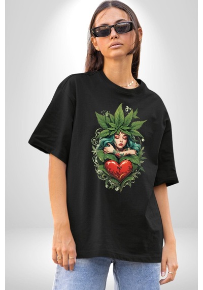 Kalp Parmak Kız Yeşillik Mutluluk Pamuklu Bisiklet Yaka Unisex Oversize Boyfriend Dijital Baskılı Siyah T-shirt Siyah