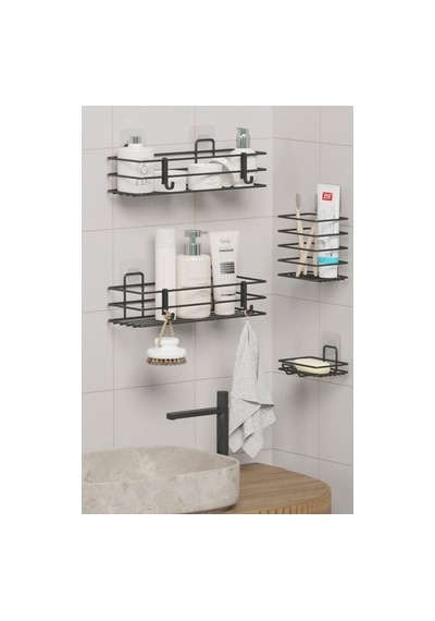 Yapışkanlı Banyo Seti İle Duş Rafı Ve Sabunluk Kombinasyonu Açık Kahverengi