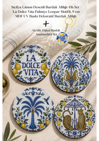 Sicilya Limon Desenli Bardak Altlığı 4lü Set La Dolce Vita 9 Cm Mdf Uv Baskı Çok Renkli