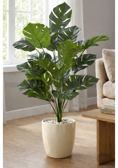 Biçiçek Yapay Monstera Deve Tabanı Yakut Saksıda Bej - Beyaz