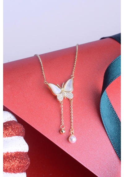 Innuendo Jewelry 925 Ayar Gümüş Sedefi İncili Taşlı Kelebek Kolye Altın