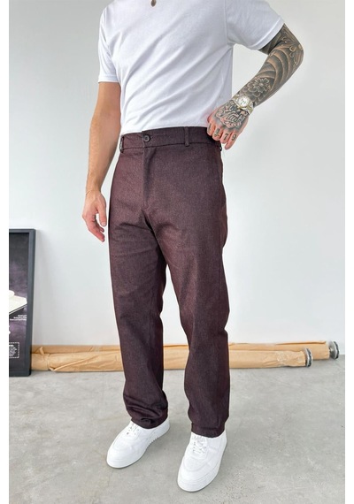 Kahverengi Premium Dokulu Baggy Kumaş Pantolon