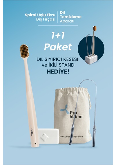 1+1 Paket Spiral Başlıklı Ekru Diş Fırçası+ Dil Temizleme+ Kesesi Ve İkili Stant Hediye