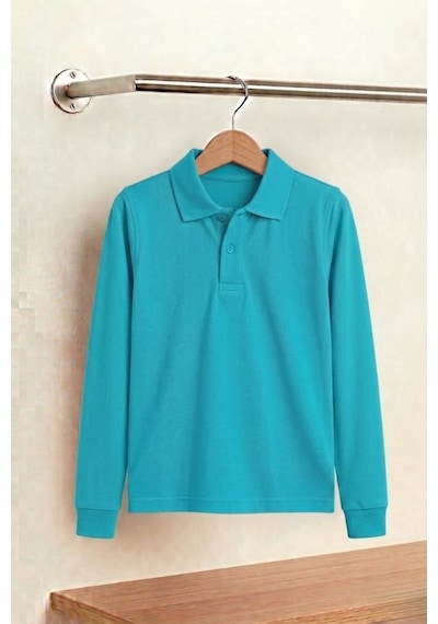 Nacar Store Unisex Çocuk Uzun Kollu Polo Yaka Lakost Okul Tişörtü Turkuaz