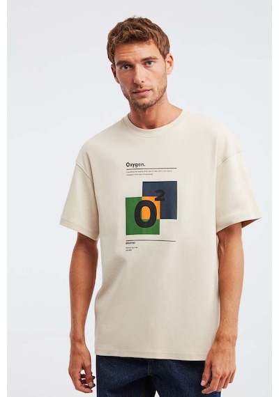 Grimelange Prısmatıc Erkek %100 Organik Pamuklu Özel Kalın Dokulu Nefes Alabilir Oversize Baskılı Bej T-shirt