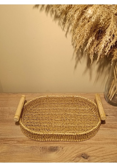 Hasır Rattan Bambu Kulplu Örme Tepsi Küçük Boy Oval Diğer