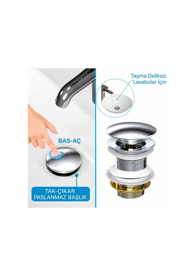 Aqua Bagno Pop-up Sifon, Parlak Krom Başlıklı ,Taşma Deliksiz,  (1 -1/4) , Pis Su Çıkış Borusu Dahil -Set 2 parça Parlak Krom