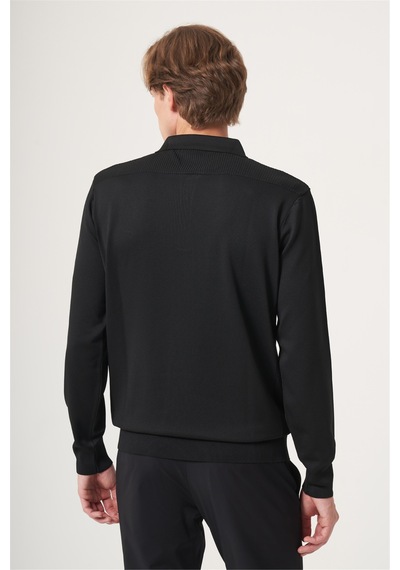 İmza Siyah Polo Yaka Uzun Kol Örme Comfort Fit Pamuklu Kazak 1012265159