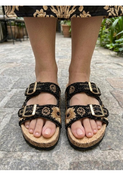 Guja 26y101-3 Kadın Çift Toka Taşlı Hasır Terlik Siyah