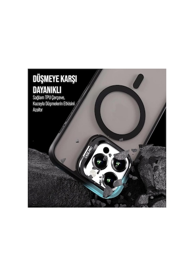 iPhone Uyumlu 14 Plus / 15 Plus Kamera Koruma Stantlı Magsafe Destekli Lens Koruyucu Telefon Kılıfı Siyah