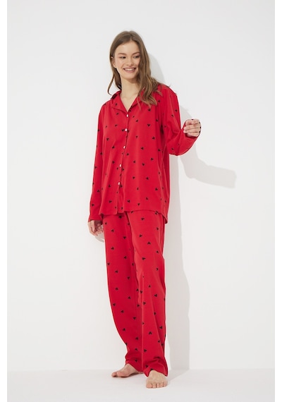 Siyah İnci Kırmızı Pamuklu Düğmeli Pijama Takımı
