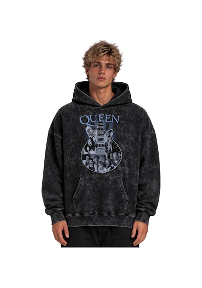 Sevbano Queen Müzik Grubu Baskılı Unisex Oversize Yıkamalı Hoodie Sweatsh Siyah