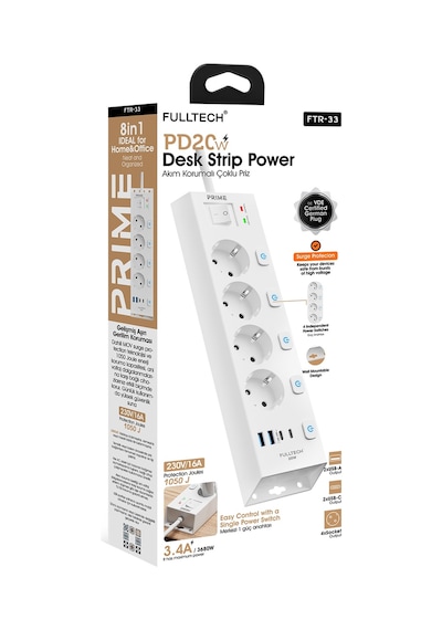 Fulltech Ftr-33 Akım Korumalı 4 Lü Çoklu Priz 3680w 16a, 1050j, 2 Usb-c Pd 20w + 2 Usb-a, Ayrı Ana 2 M