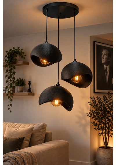 Beton Görünümlü 3'lü Sarkıt Avize Bohem Modern Salon Yemek Masası 3 Rustik Led Ampul Hediyeli Siyah