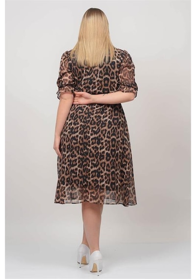 Neşeli Butik Kadın Kruvaze Yaka Midi Boy Büyük Beden Leopar Desenli Şifon Elbise Nb80622 Siyah