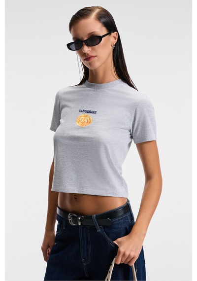 ETHIQUET E VERA Kadın %100 Pamuk Comfort Fit Baskılı Kısa Kollu Yuvarlak Yaka Grimelanj T-Shirt