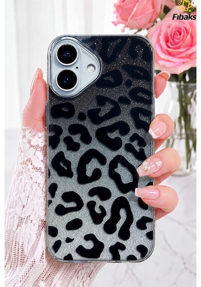 Fibaks iPhone 17 Uyumlu Kılıf Glitter Leopard Şeffaf Simli Leopar Desen Premium Koruma Sert Silikon Siyah