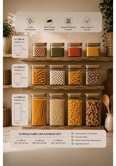 Porsima 12'li Kare Bambu Ahşap Kapaklı Cam Kavanoz Seti 1900 Ml, 1250 Ml, 750 Ml Erzak & Baharatlık Bambu - Şeffaf