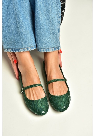 Fox Shoes Z726232704 Yeşil Kumaş Bantlı Kadın Babet