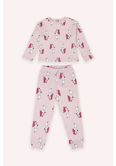 Panço Kız Çocuk Desenli Pembe Pijama Takımı