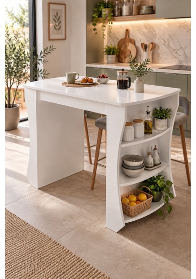 Sulorahome Mutfak Adası Ve Kahvaltı Masası Raflı Beyaz Masa 120x60 Cm