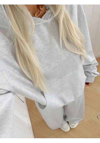 Macklin Unisex Kadın Erkek Baskısız Sportif Oversize 3 İplik Kapüşonlu Hoodie Ve Baggy Eşofman Altı Gri Melanj