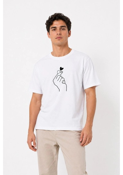Barlashive Erkek Kore Parmak Kalp Aşk Temalı Minimal Baskılı Tişört Yazlık Kısa Kol T-shirt - Beyaz Çok Renkli