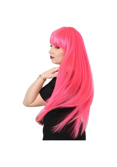 Uzun Kahküllü Fiber Sentetik Peruk - Neon Pembe