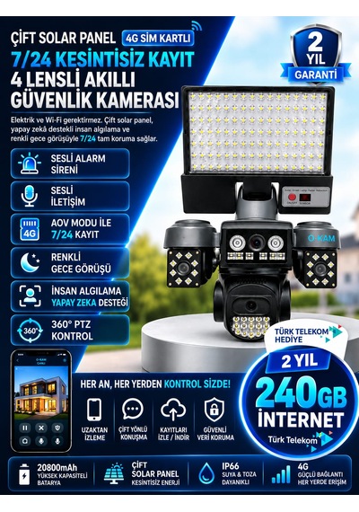 Okam 4g Sım Kartlı Çift Solar Panelli 4 Lensli Akıllı Güvenlik Kamerası 20.800mah 360 Ptz 7/24 Aov 2 Yıl 240gb İnternet