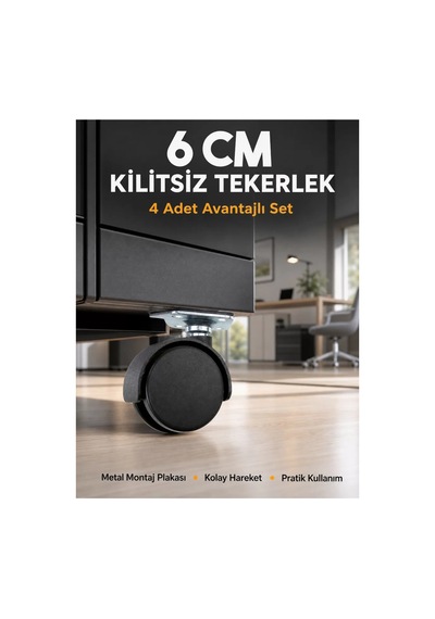 Masa Ve Koltuk İçin Kilitsiz Tekerlek Seti 6 Cm 4 Adet Siyah