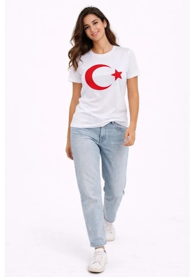 T-shirt Kısa Kol Bisiklet Yaka Ay Yıldız Bayrak Baskılı Tişört - Beyaz