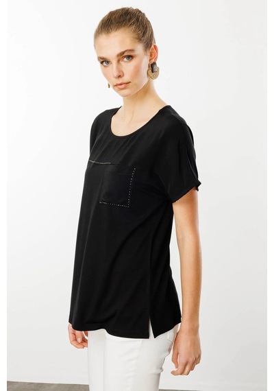 Desen Triko Kadın Sıfır Yaka Önü Cepli Penye T-shirt 25830 Siyah Siyah