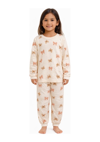 Kelebek Desenli Kız Çocuk Pijama Takımı Beyaz